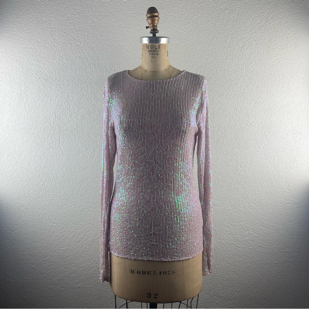 Free People l M Gold Rush Iridescent Sequin Crew Neck Long Sleeve Stretch Blouse